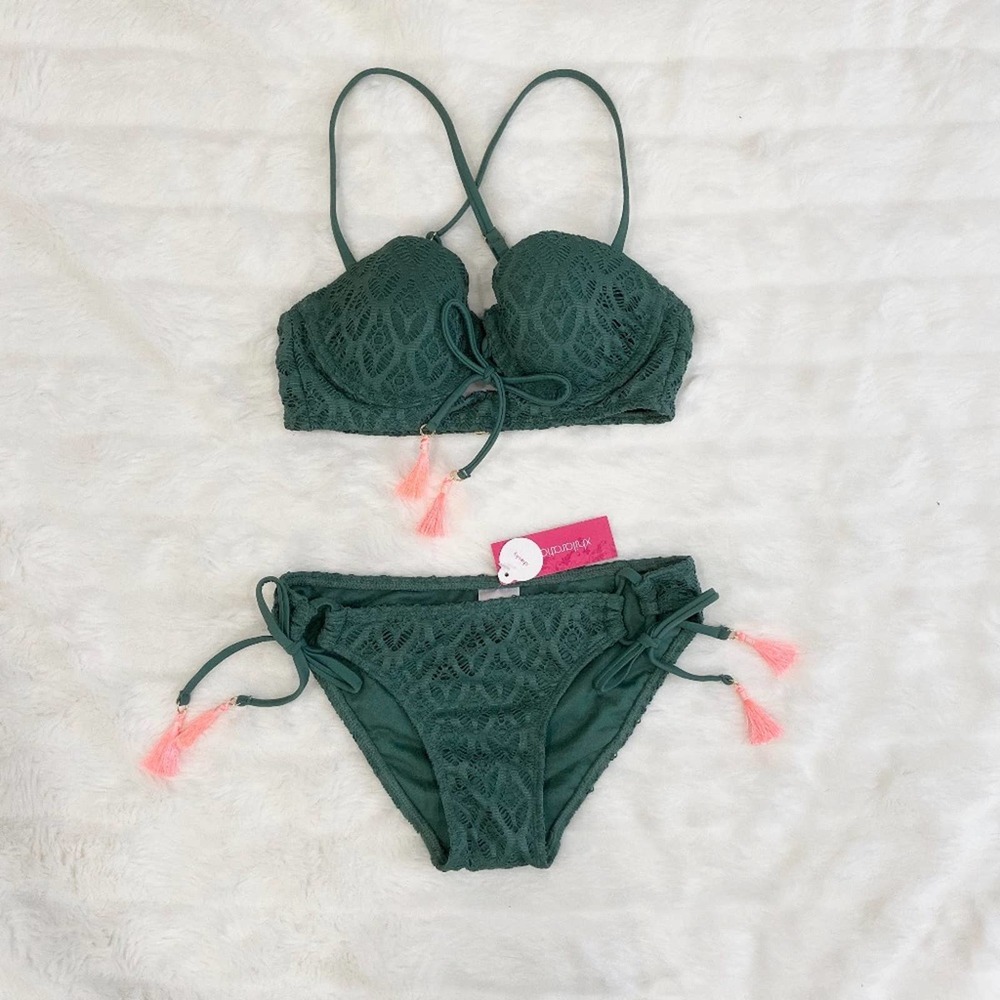 NEW Cheeky Green Bikini with Pink Tassels Size S